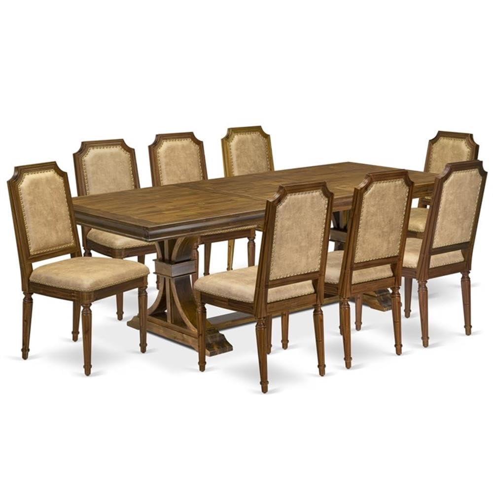 9-Piece Acacia Wood Dining Table Set with 8 Beige PU Leather Chairs Q930757
