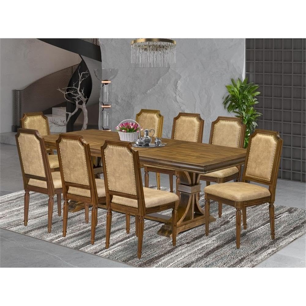 9-Piece Acacia Wood Dining Table Set with 8 Beige PU Leather Chairs Q930757