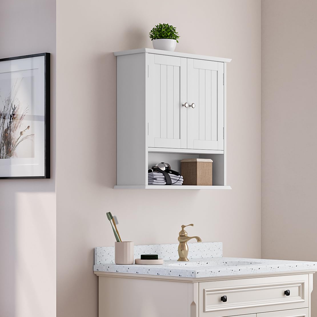 Wall Mount Bathroom Cabinet with 2 Doors and Open Shelf I107