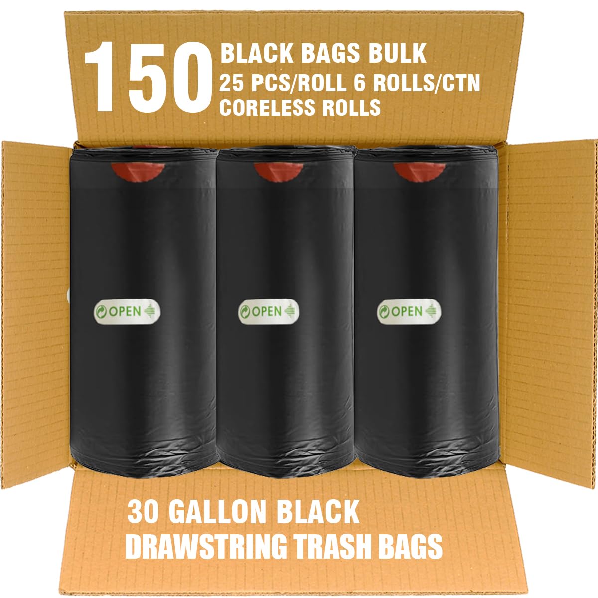 30 Gallon Drawstring Trash Bags, 150 Count Black Heavy Duty A639