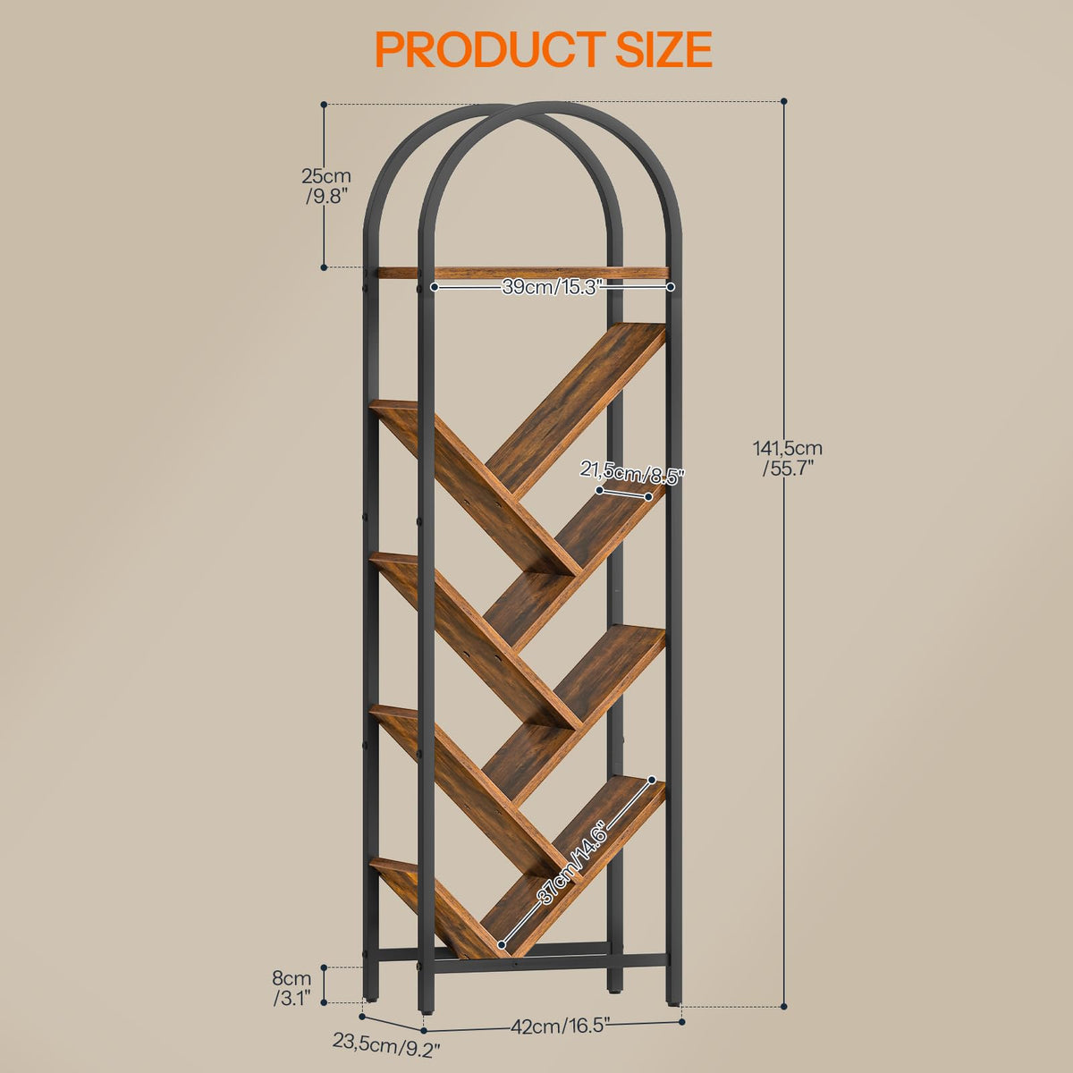 8-Tier Arched Bookshelf with Metal Frame E2442