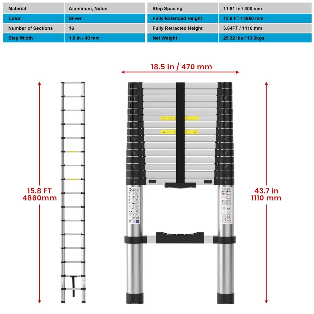 15.8FT Aluminum Telescoping Ladder 330LBS Capacity M132