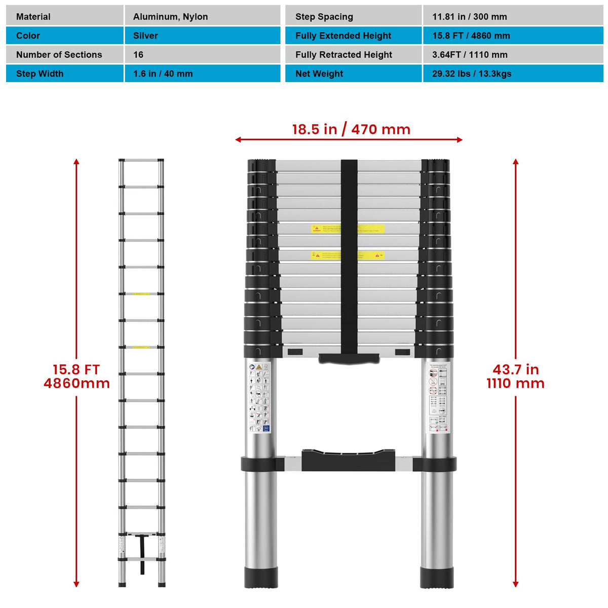 15.8FT Aluminum Telescoping Ladder 330LBS Capacity M132