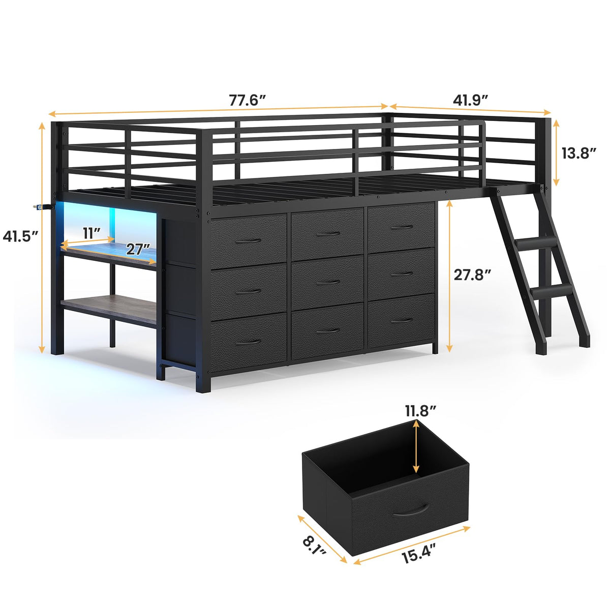 Twin Size Loft Bed with 9 Storage Drawers E51482