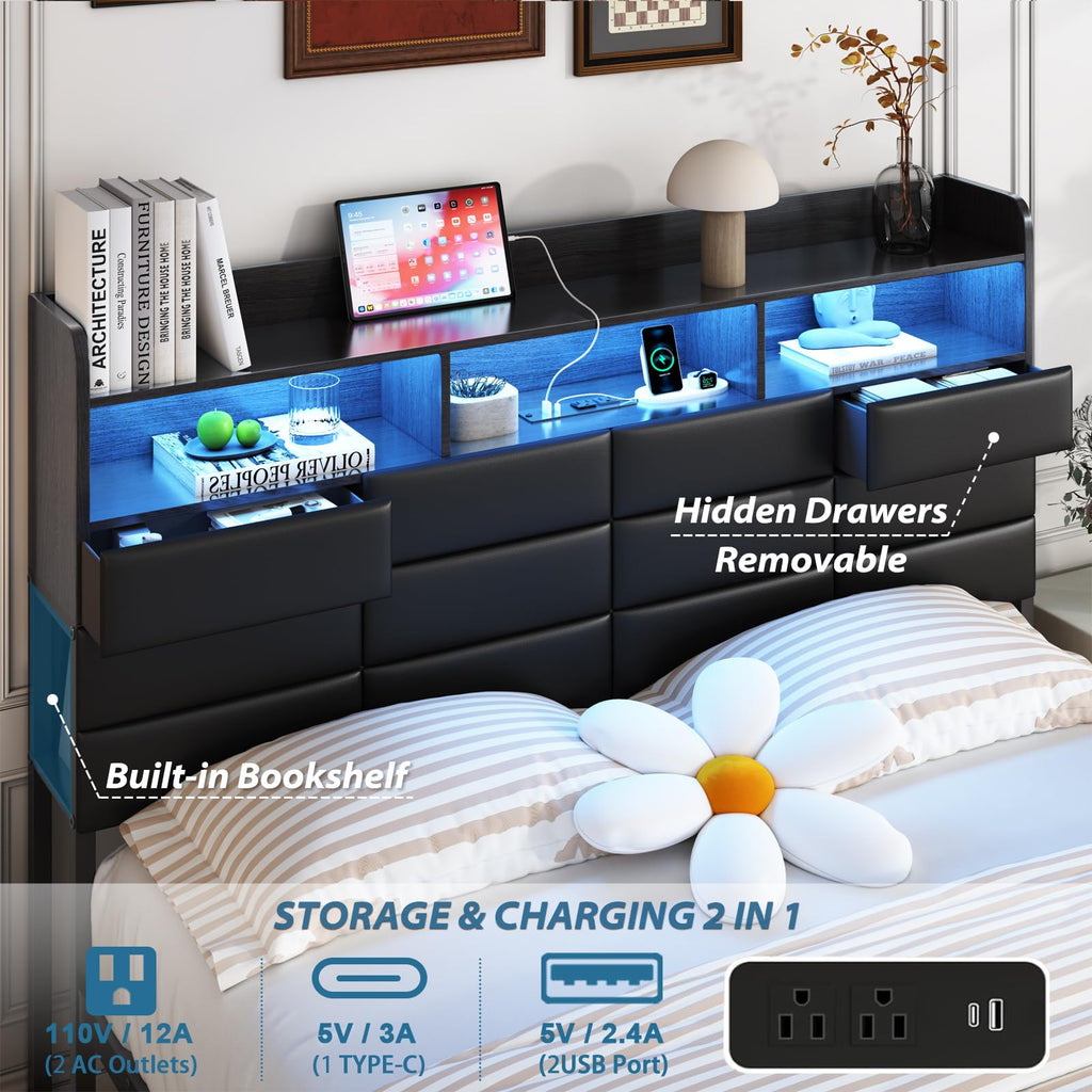 Black Upholstered Bed Frame with Storage Headboard, 4 Drawers, LED Lights, and Charging Station D792