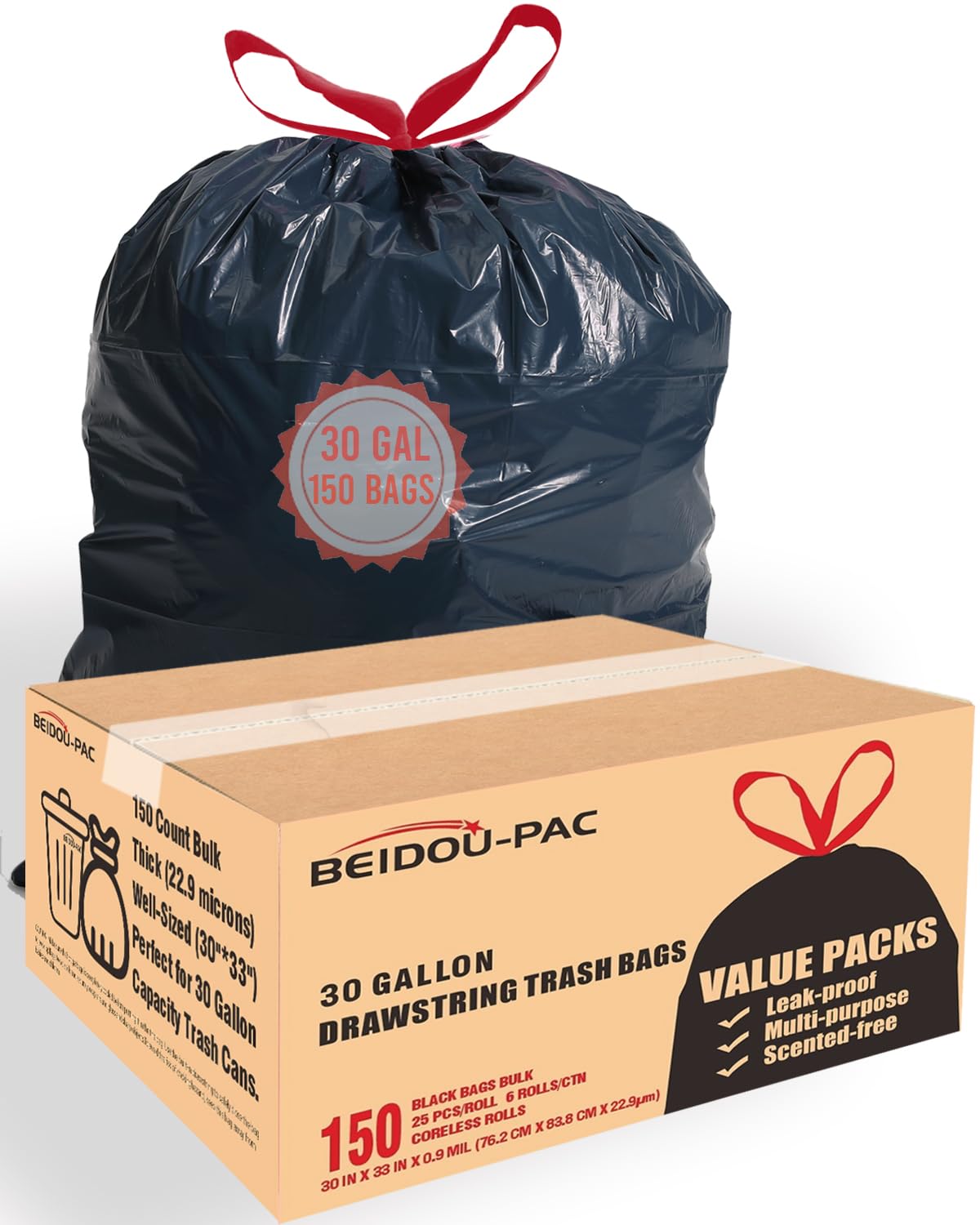 30 Gallon Drawstring Trash Bags, 150 Count Black Heavy Duty A639