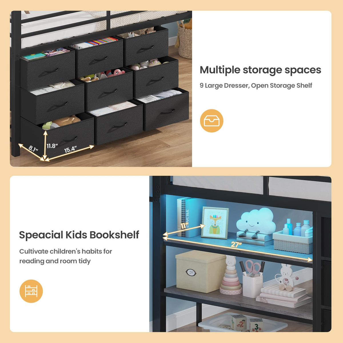 Twin Size Loft Bed with 9 Storage Drawers E51482