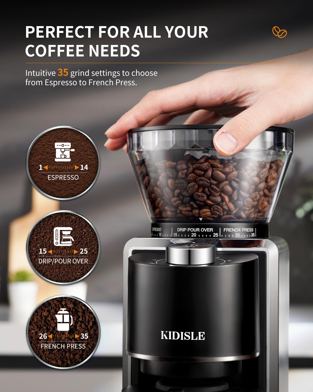 Conical Burr Coffee Bean Grinder, 35 Settings, Anti-Static, Black O986449