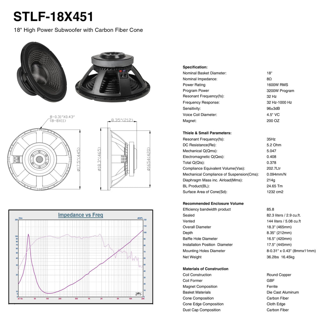 18" 1600W Cast Aluminum Frame Carbon Fiber Cone Woofer W560787