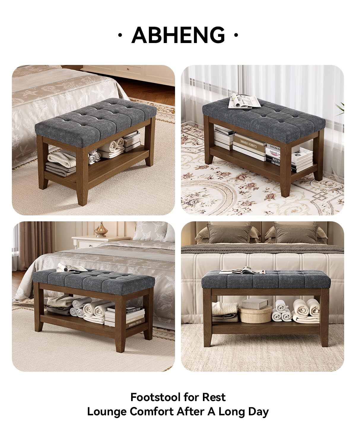 Dark Gray Rubber Wood Chenille Upholstered Shoe Bench C434