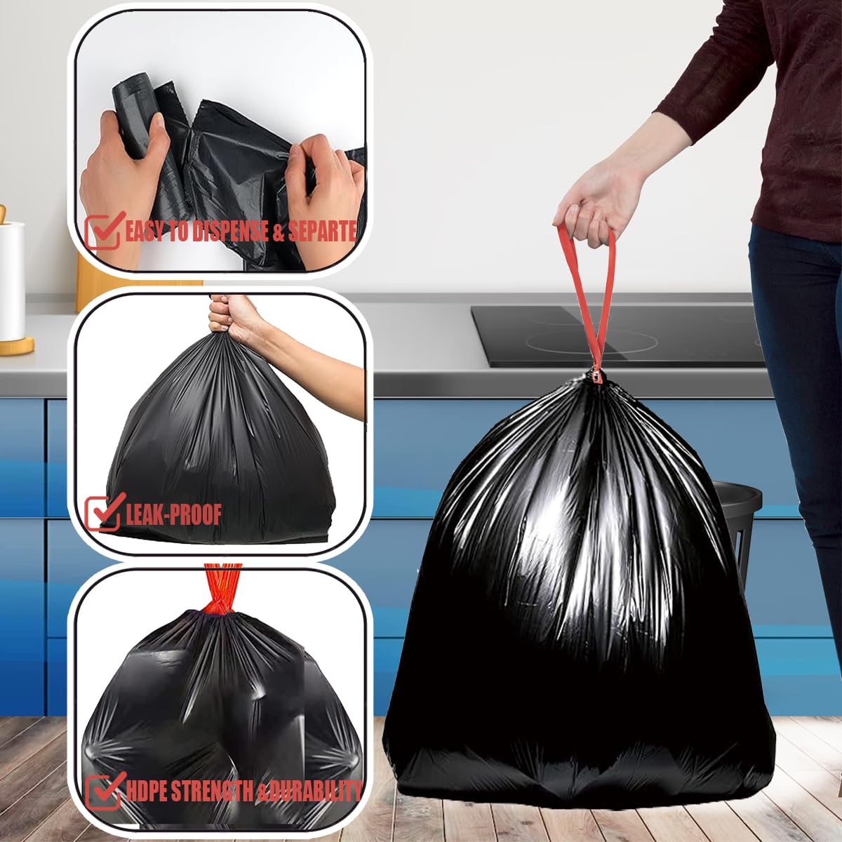 30 Gallon Drawstring Trash Bags, 150 Count Black Heavy Duty A639