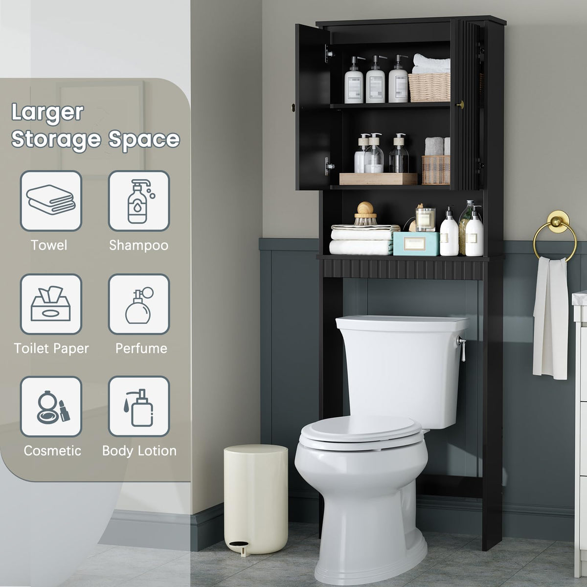Black Over The Toilet Storage Cabinet with Adjustable Shelf X20995
