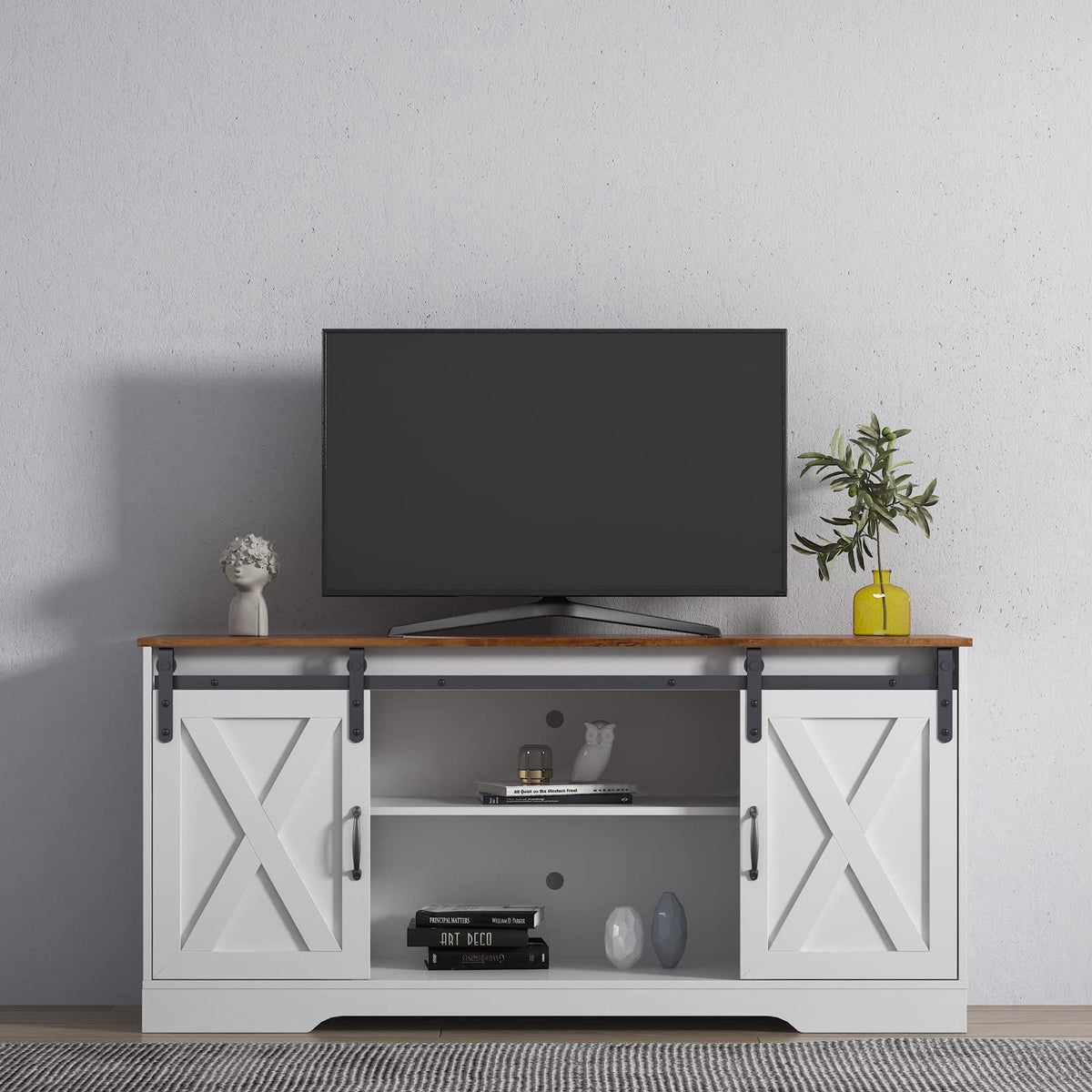 Sliding Barn Door Wood TV Stand with Adjustable Shelves Z16261