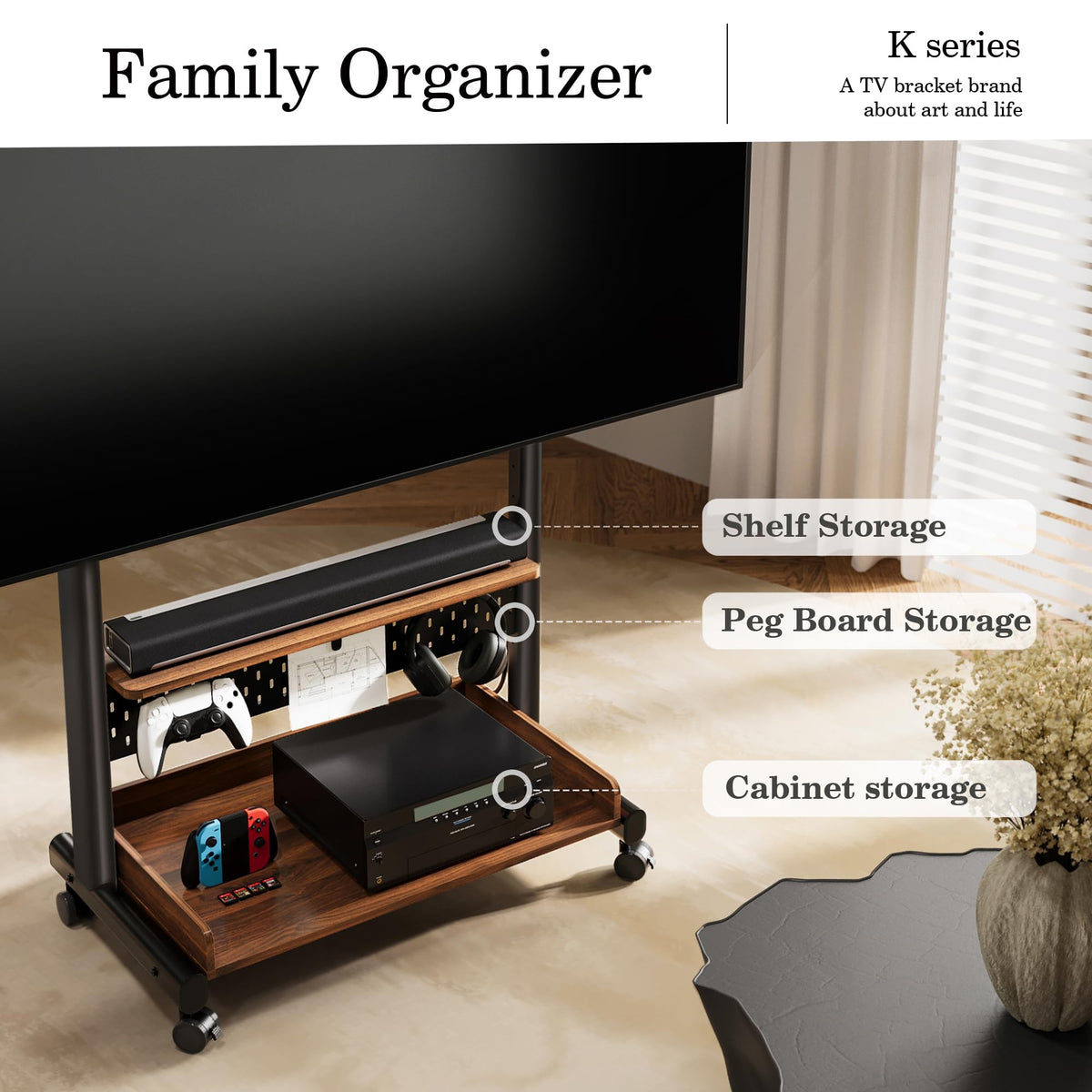 Rolling TV Stand Mount with Wooden Shelf R196087