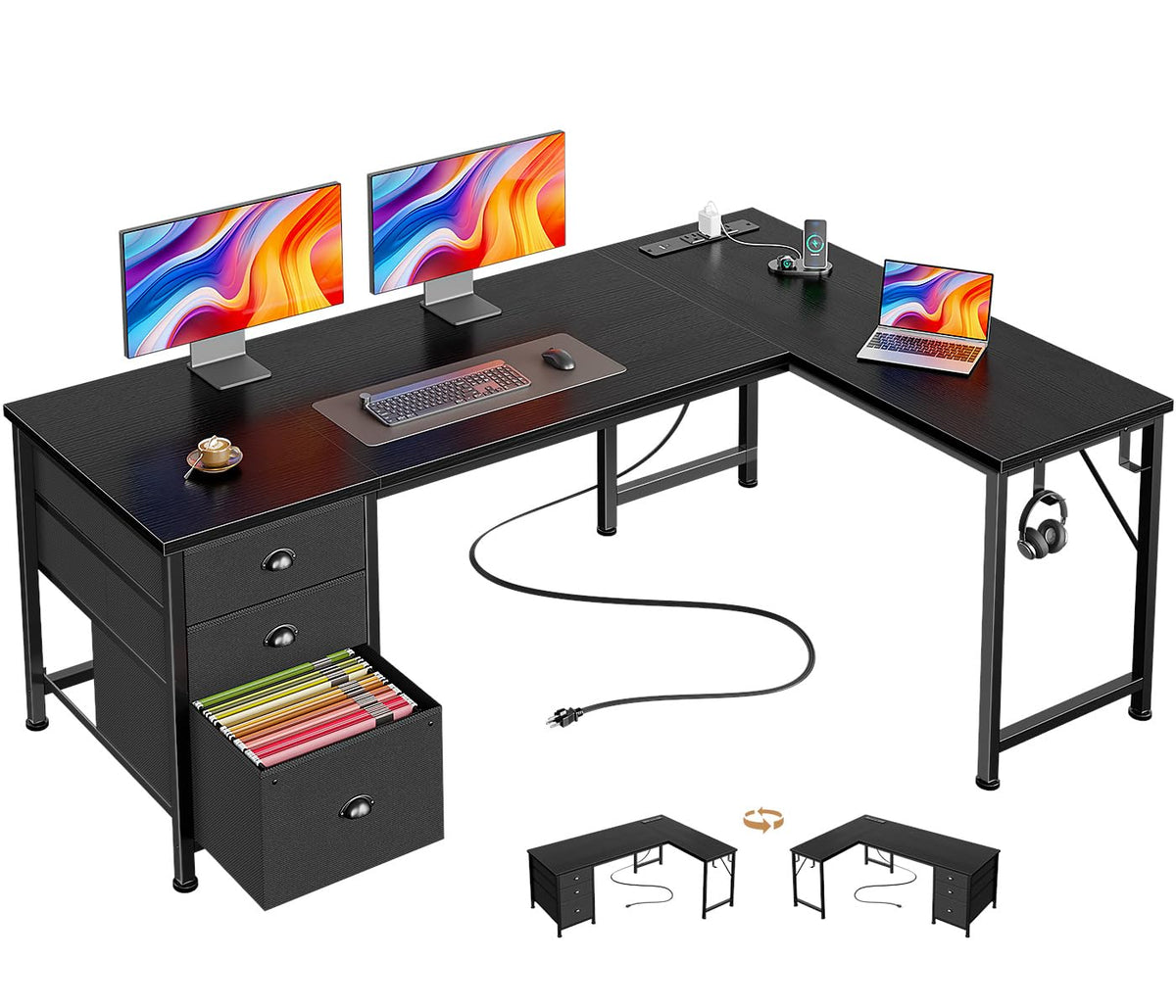 63" L Shaped Computer Desk with Outlets Black S8025