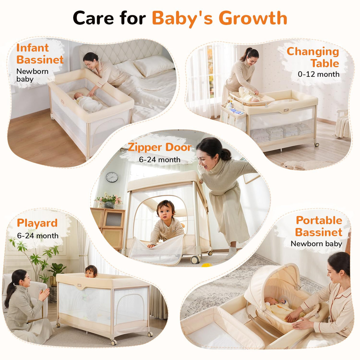6-in-1 Pack and Play with Bassinet, Portable Playard, Travel Crib with Mattress, Changing Table, Storage Bag & 4 Wheels (Beige) K996678