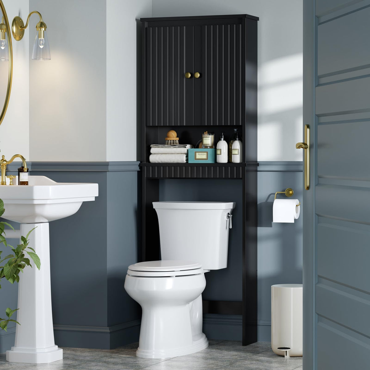 Black Over The Toilet Storage Cabinet with Adjustable Shelf X20995