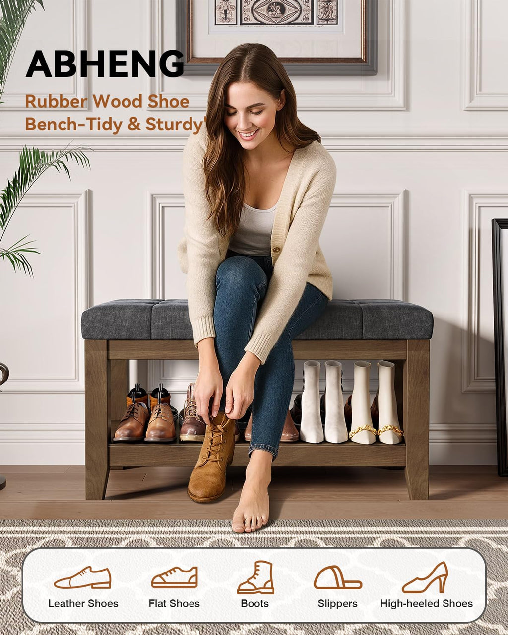 Dark Gray Rubber Wood Chenille Upholstered Shoe Bench C434