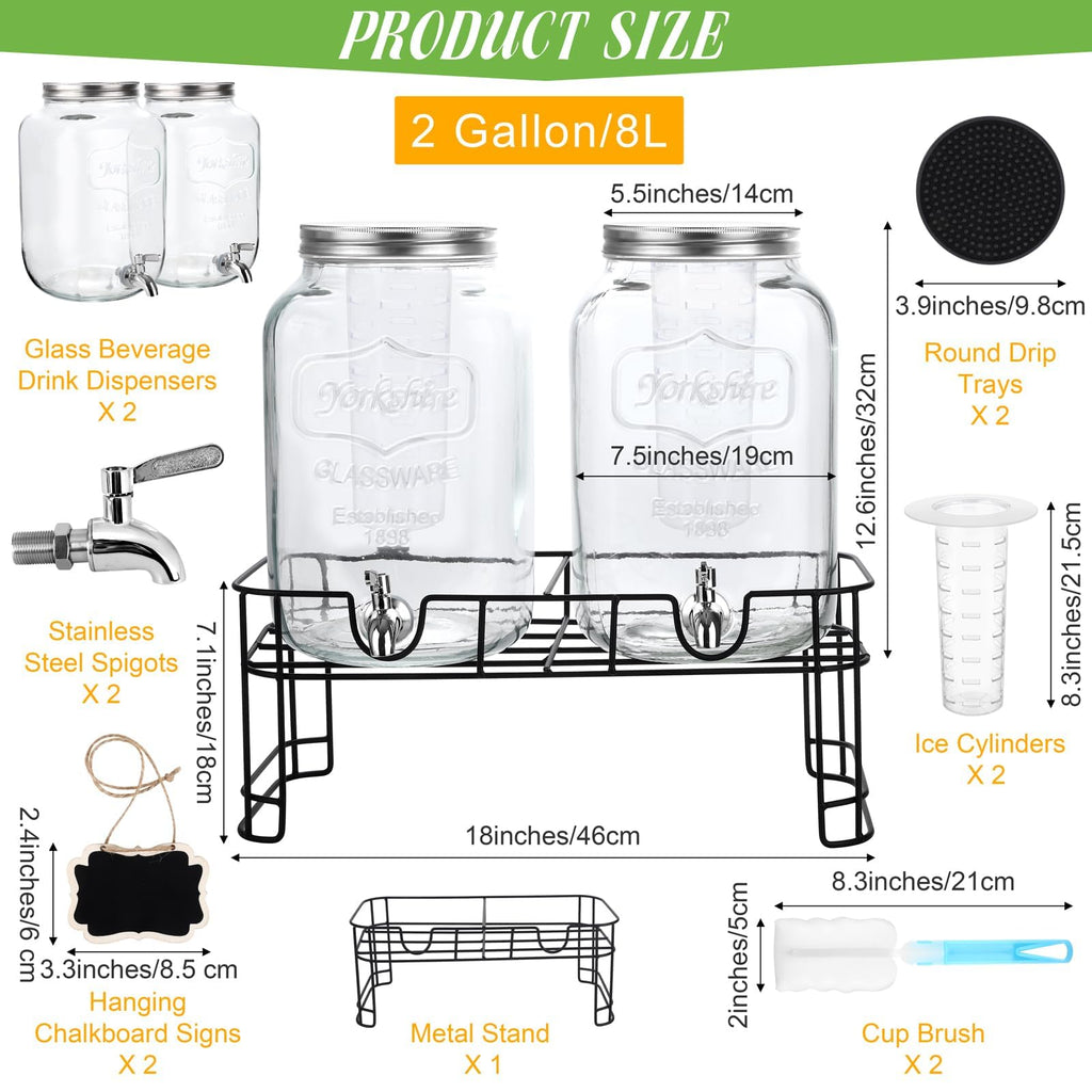 2 Pcs 2 Gallon Glass Beverage Dispenser with Stand Q837544