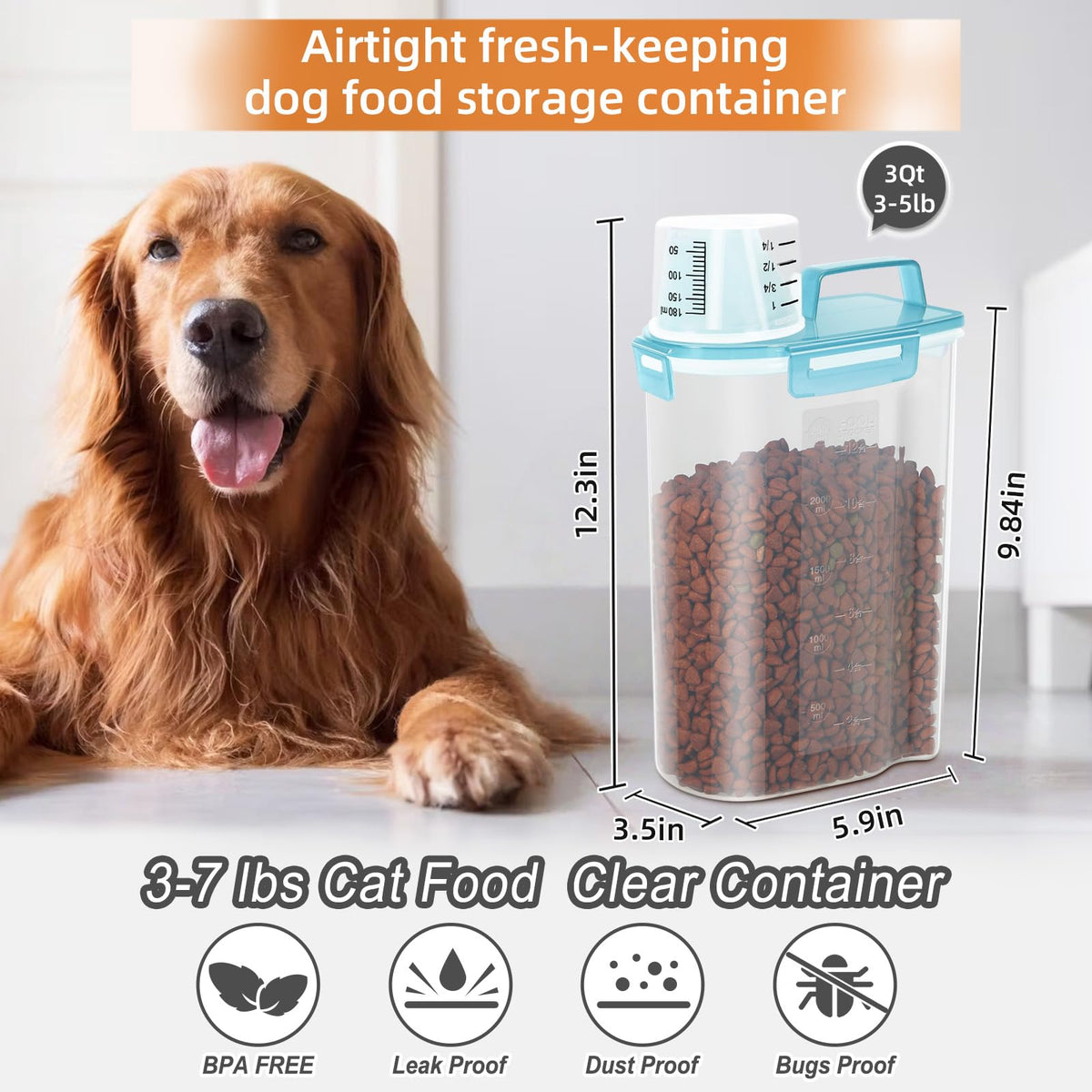 3-5Lbs/3Qt Plastic Pet Food Storage Container with Foldable Bowl Y734286