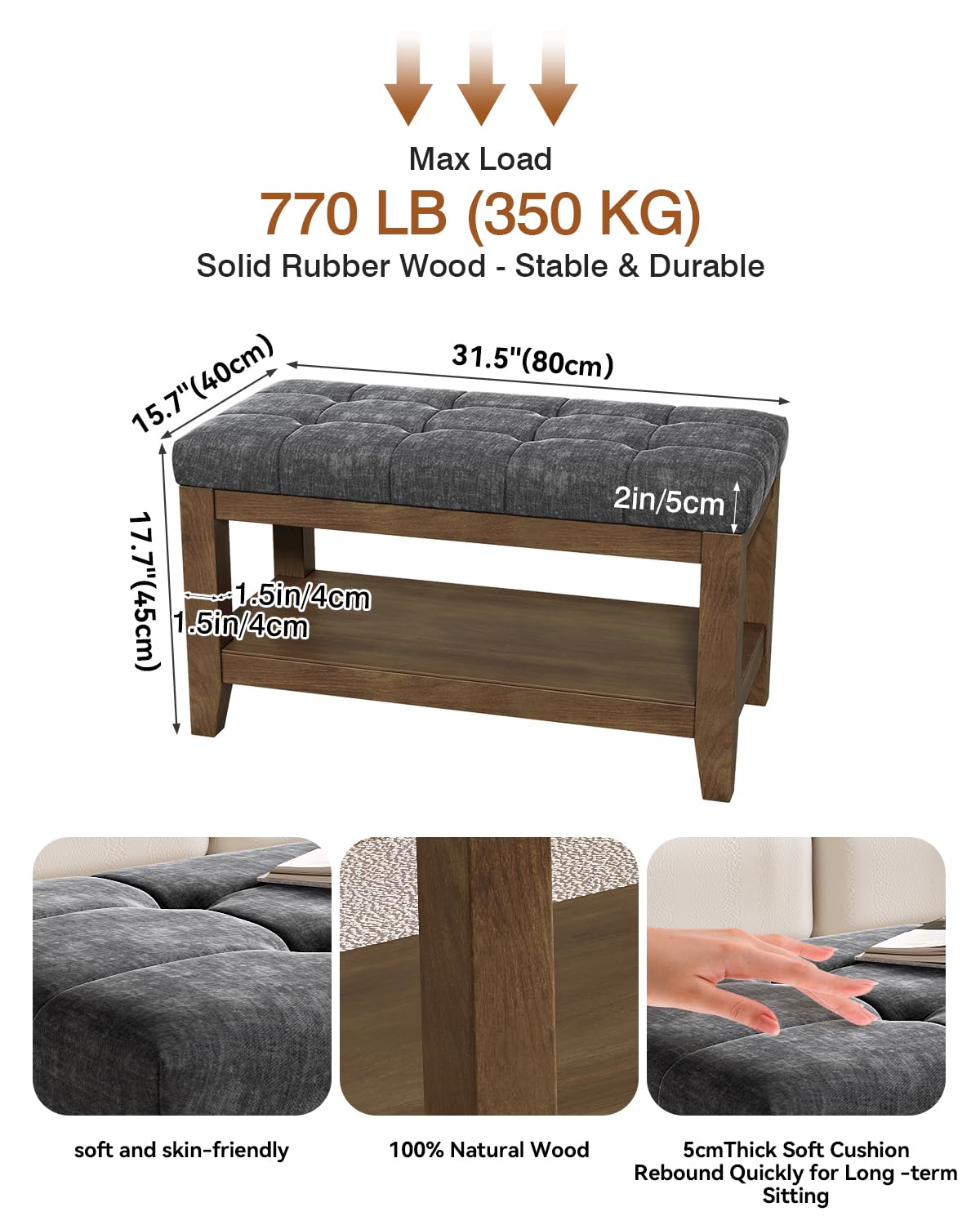 Dark Gray Rubber Wood Chenille Upholstered Shoe Bench C434