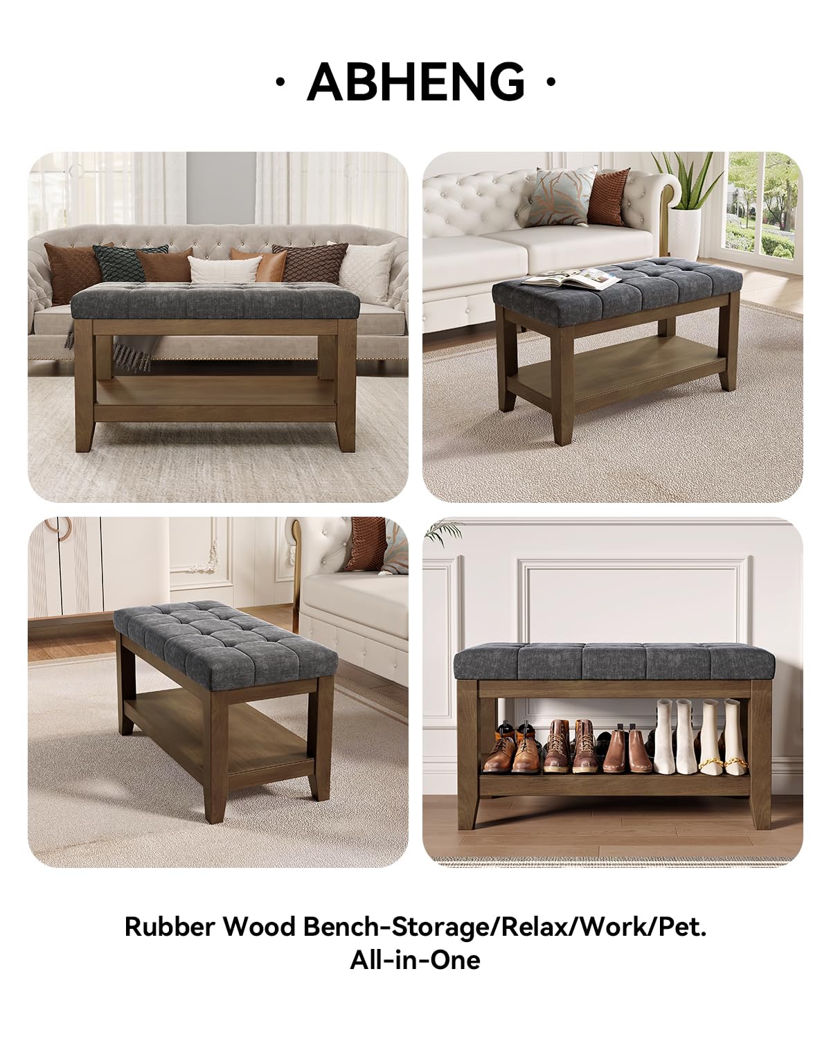 Dark Gray Rubber Wood Chenille Upholstered Shoe Bench C434