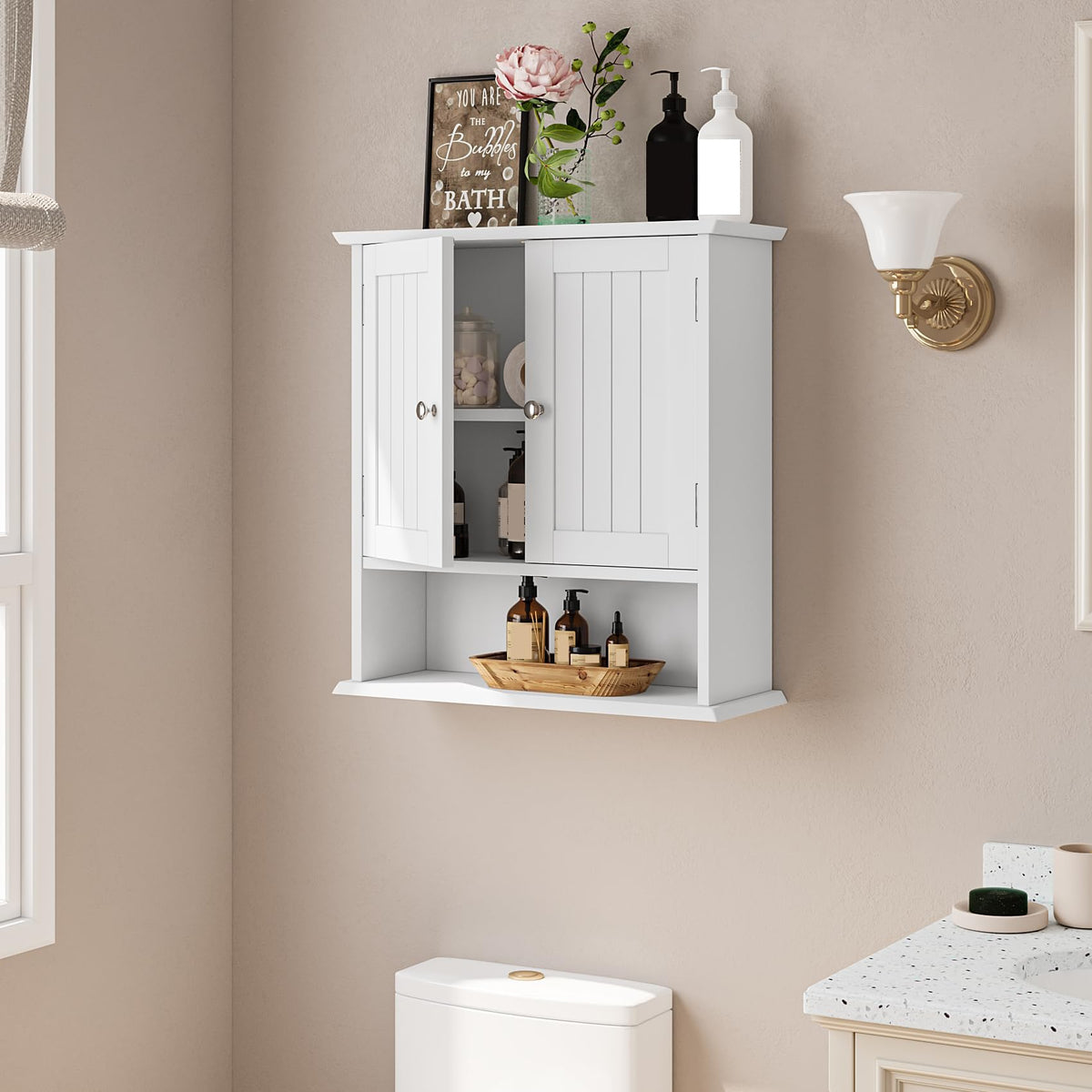 Wall Mount Bathroom Cabinet with 2 Doors and Open Shelf I107