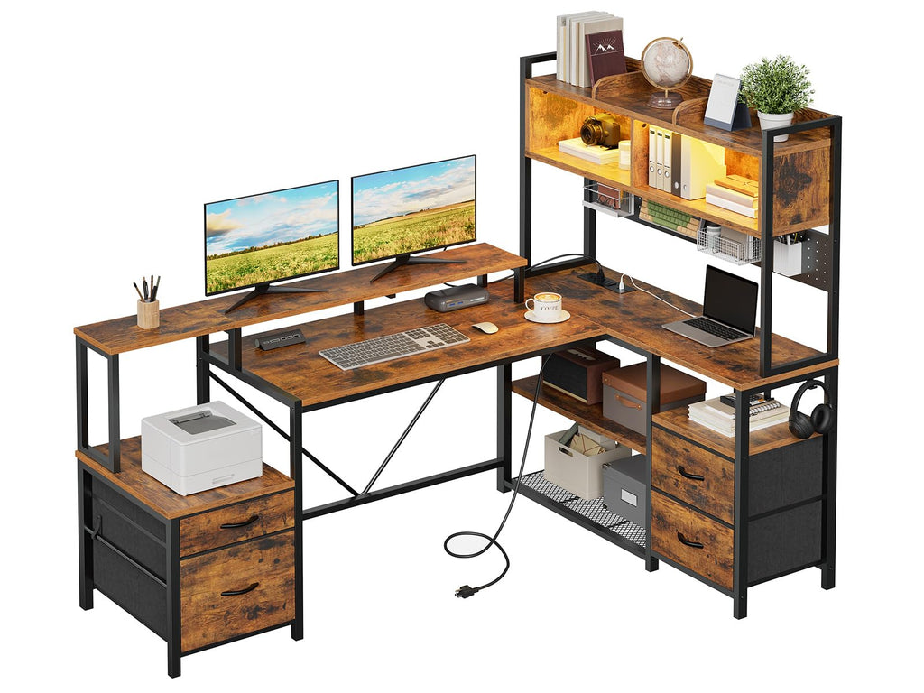 L Shaped Gaming Desk with Storage Drawers & Shelves E630