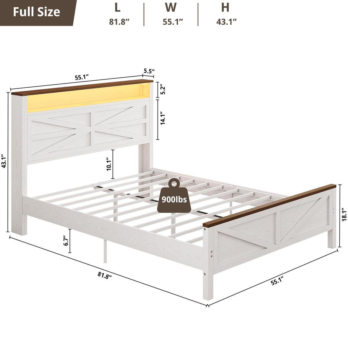 White Full Bed Frame with LED Lights & Charging Station K77745