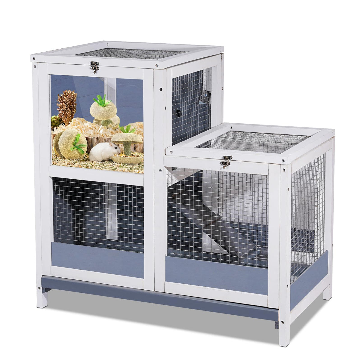 2-Story Wooden Small Animal Cage with Removable Tray and Ramp A65498