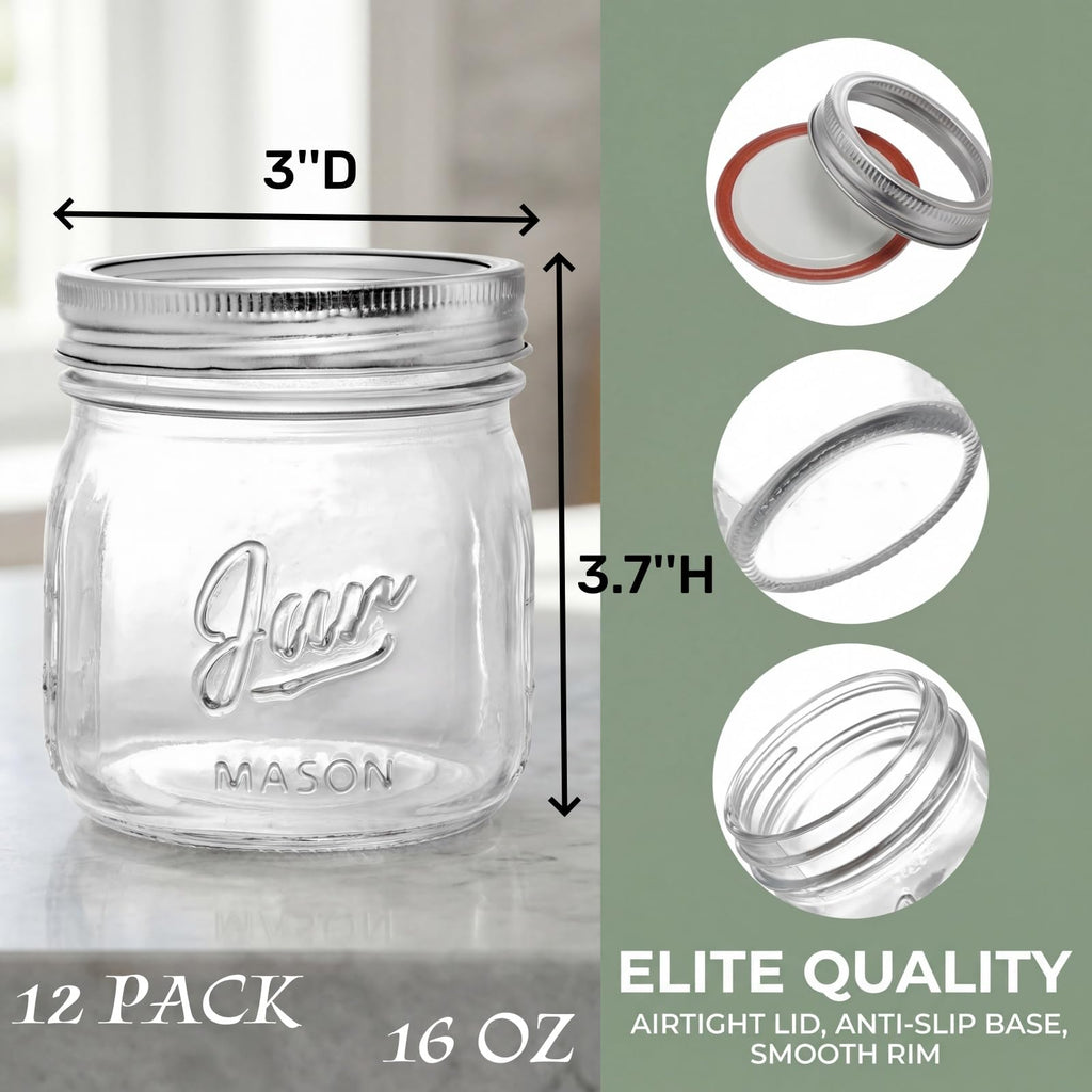12 Pack 16 Oz Wide Mouth Glass Mason Jars F346