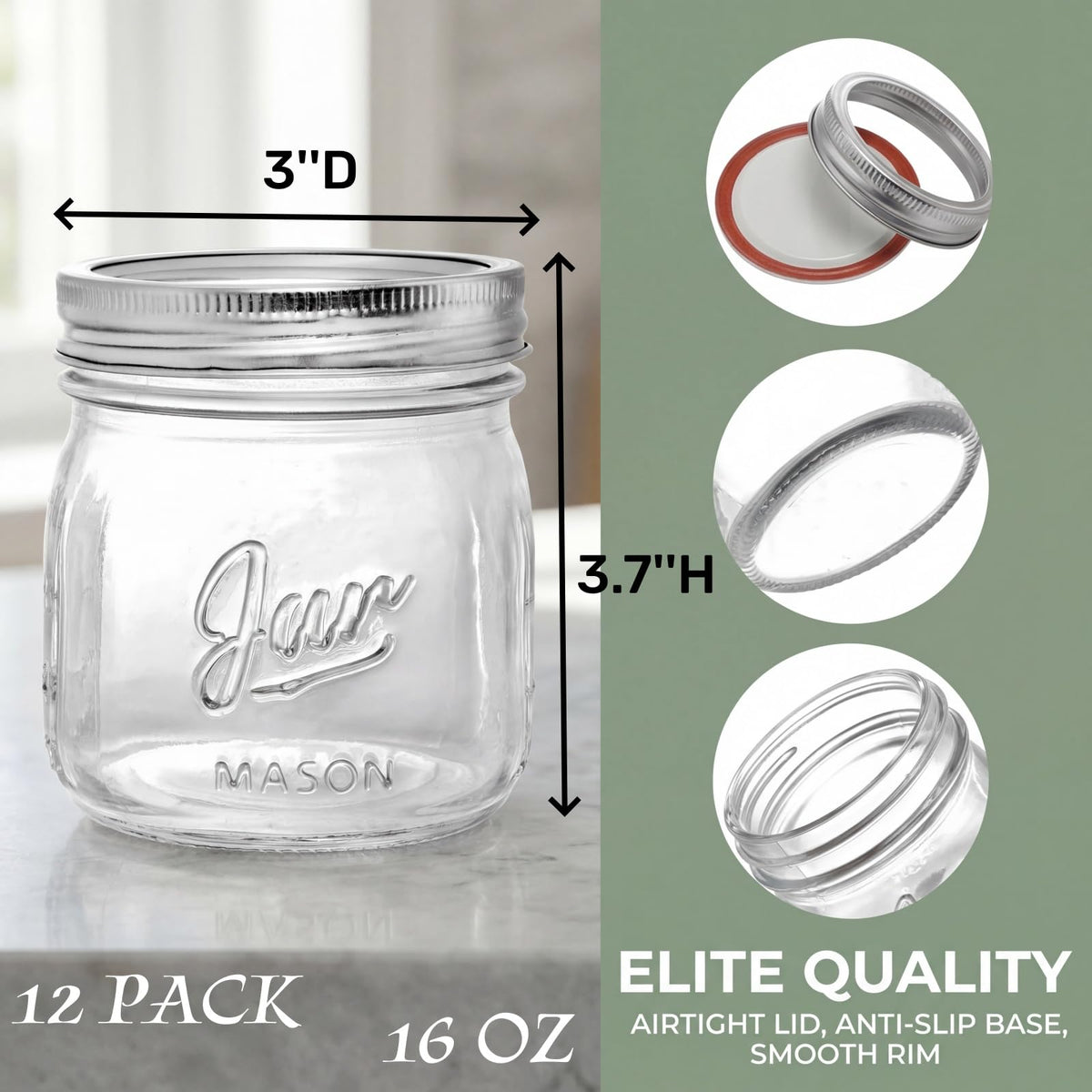 12 Pack 16 Oz Wide Mouth Glass Mason Jars F346