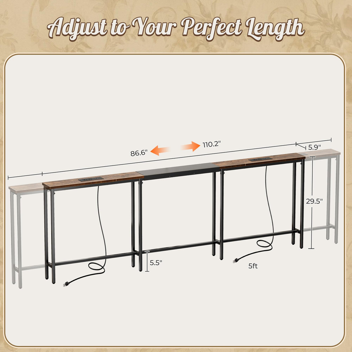 Narrow Sofa Table with 2 Power Outlets and USB-C Port N512