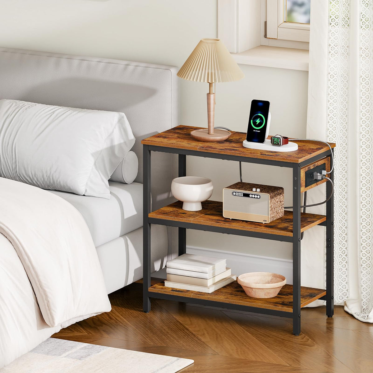 Charging Station End Table with 3 Tier Storage Shelf A592730