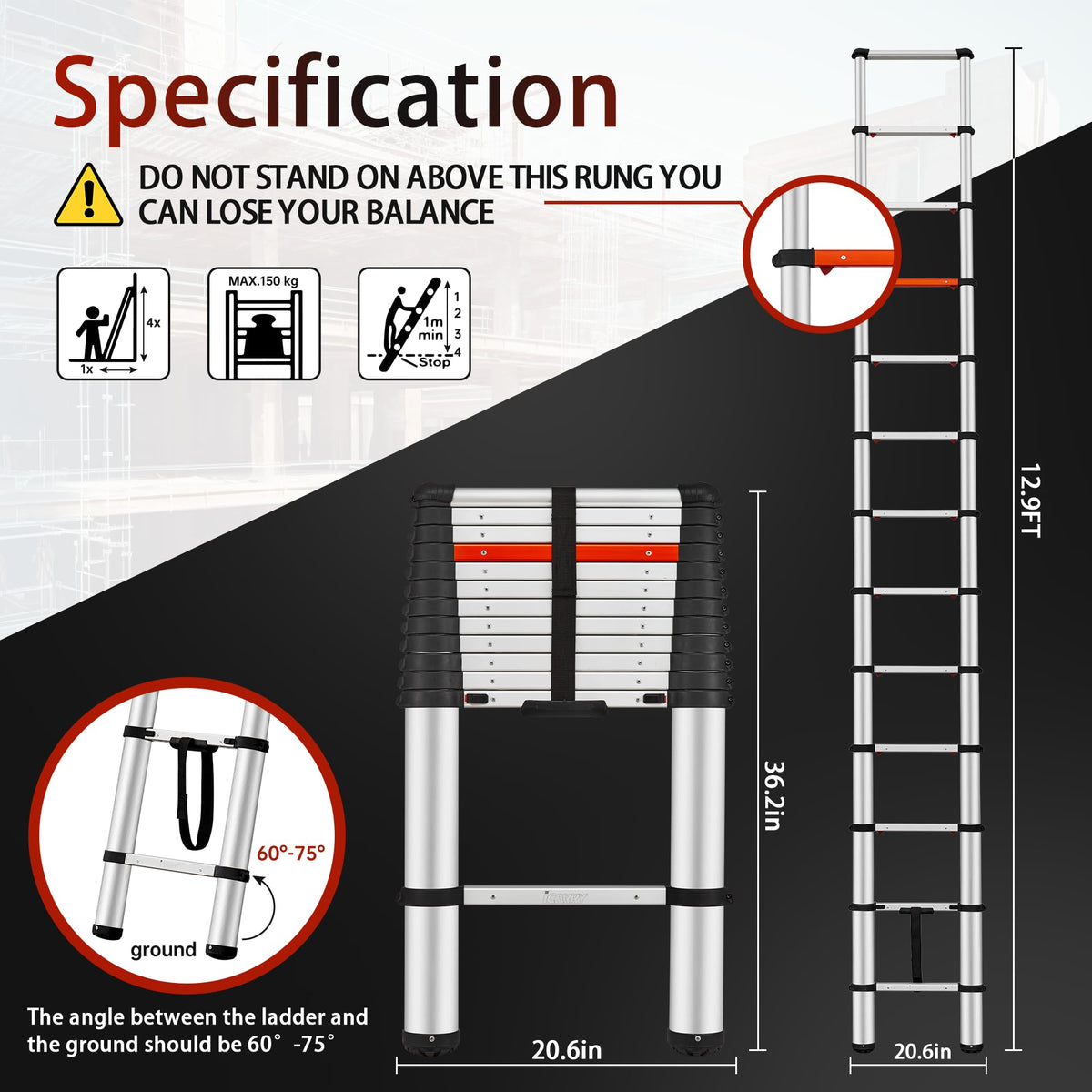 Telescoping Aluminum Ladder 12.9 FT 250lb Capacity O43901