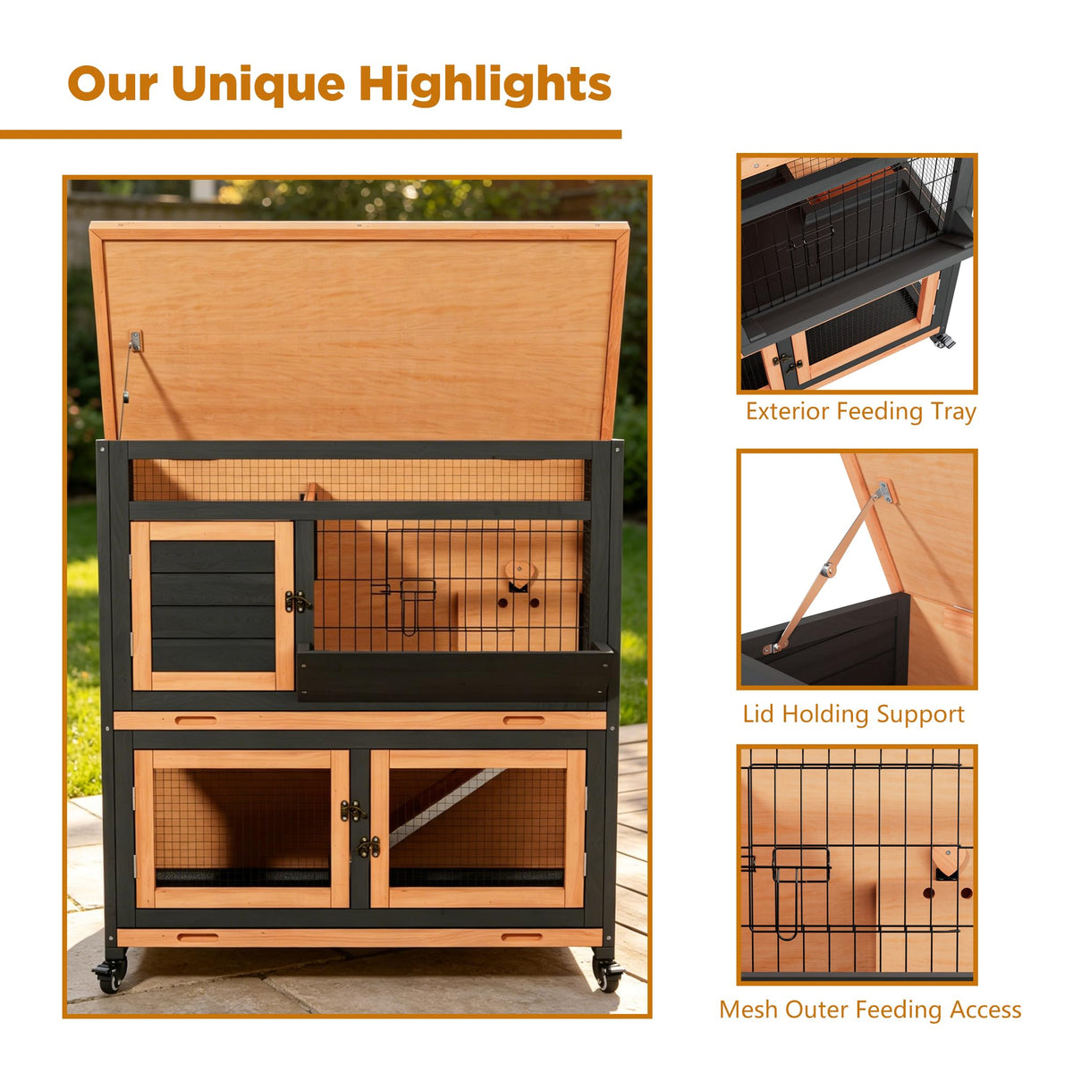 2-Tier Wooden Rabbit Hutch with Wheels G159
