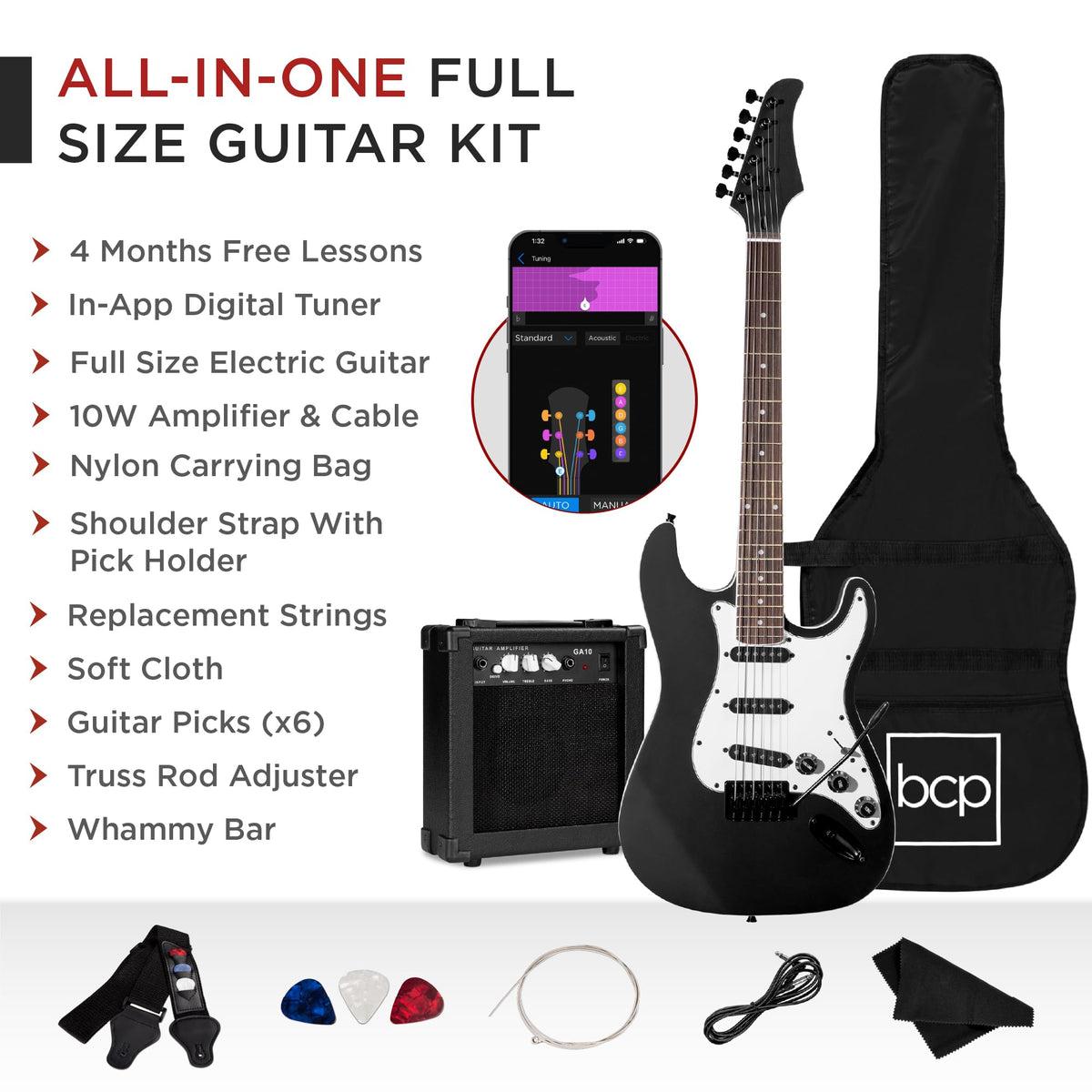 39in Full Size Beginner Electric Guitar Starter Kit with Case, Amp, Strings, Pick - Jet Black L360