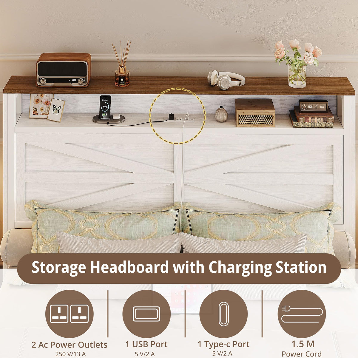 White Full Bed Frame with LED Lights & Charging Station K77745