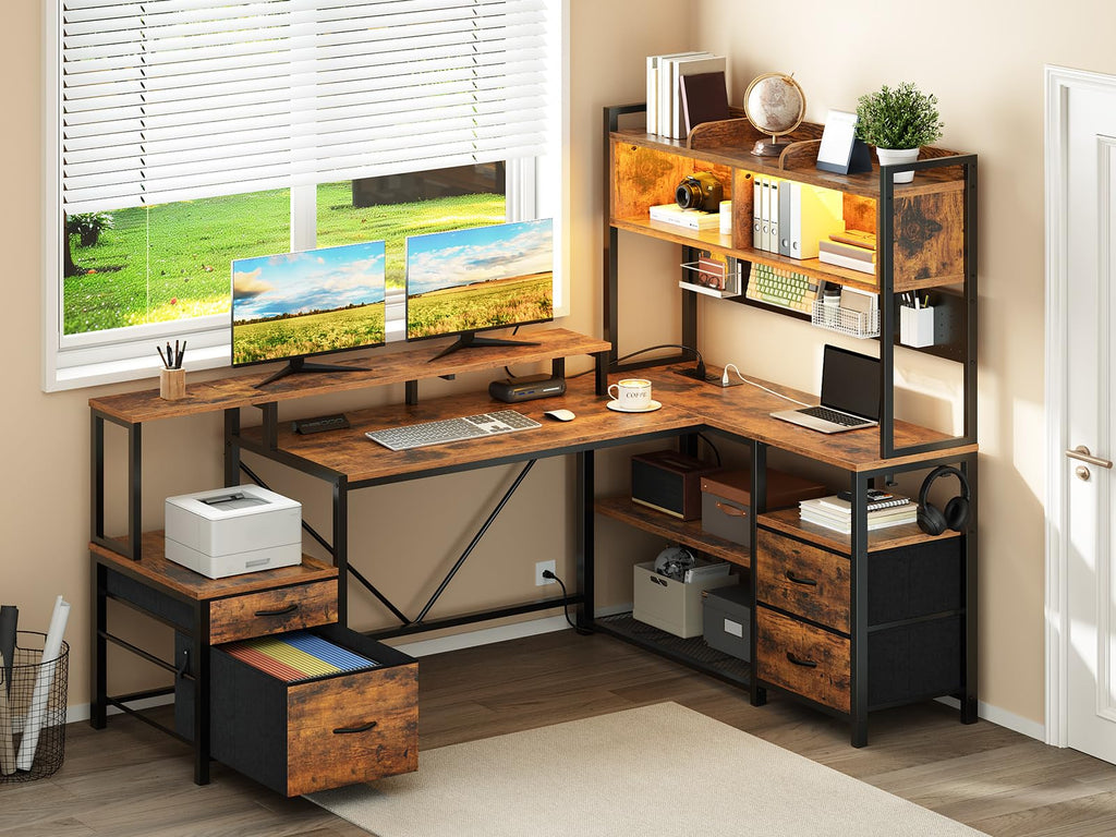 L Shaped Gaming Desk with Storage Drawers & Shelves E630