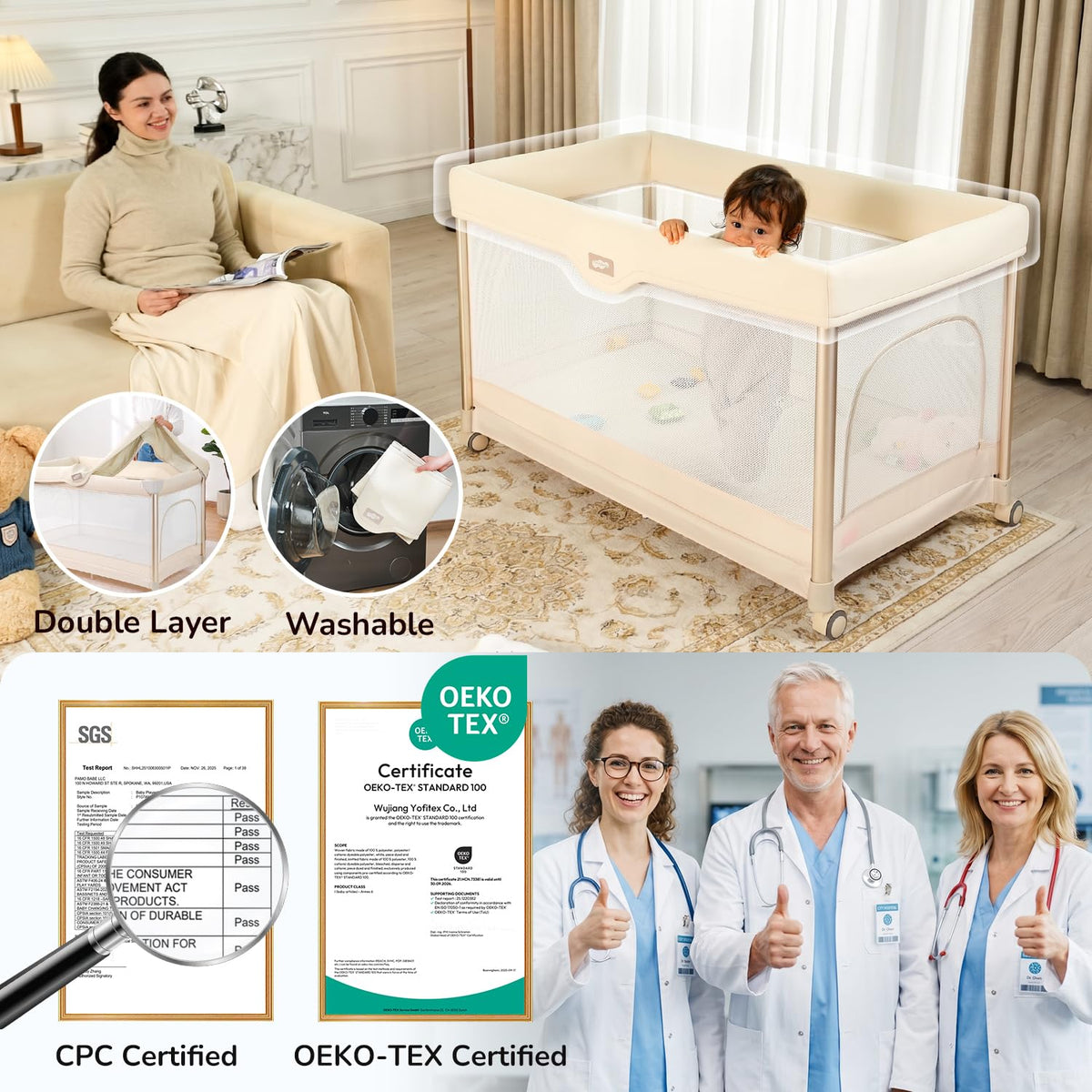 6-in-1 Pack and Play with Bassinet, Portable Playard, Travel Crib with Mattress, Changing Table, Storage Bag & 4 Wheels (Beige) K996678