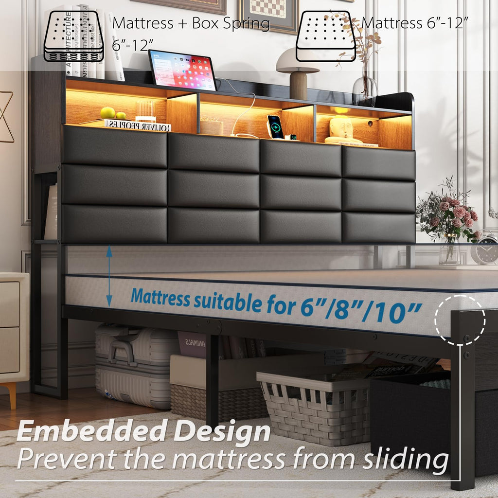 Black Upholstered Bed Frame with Storage Headboard, 4 Drawers, LED Lights, and Charging Station D792