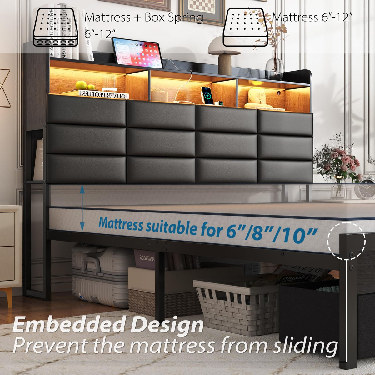 Black Upholstered Bed Frame with Storage Headboard, 4 Drawers, LED Lights, and Charging Station D792