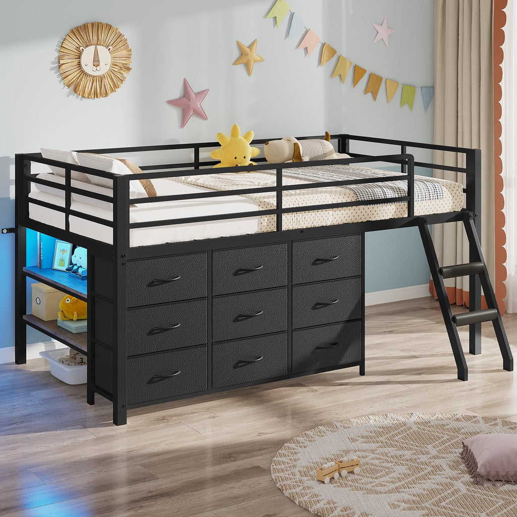 Twin Size Loft Bed with 9 Storage Drawers E51482