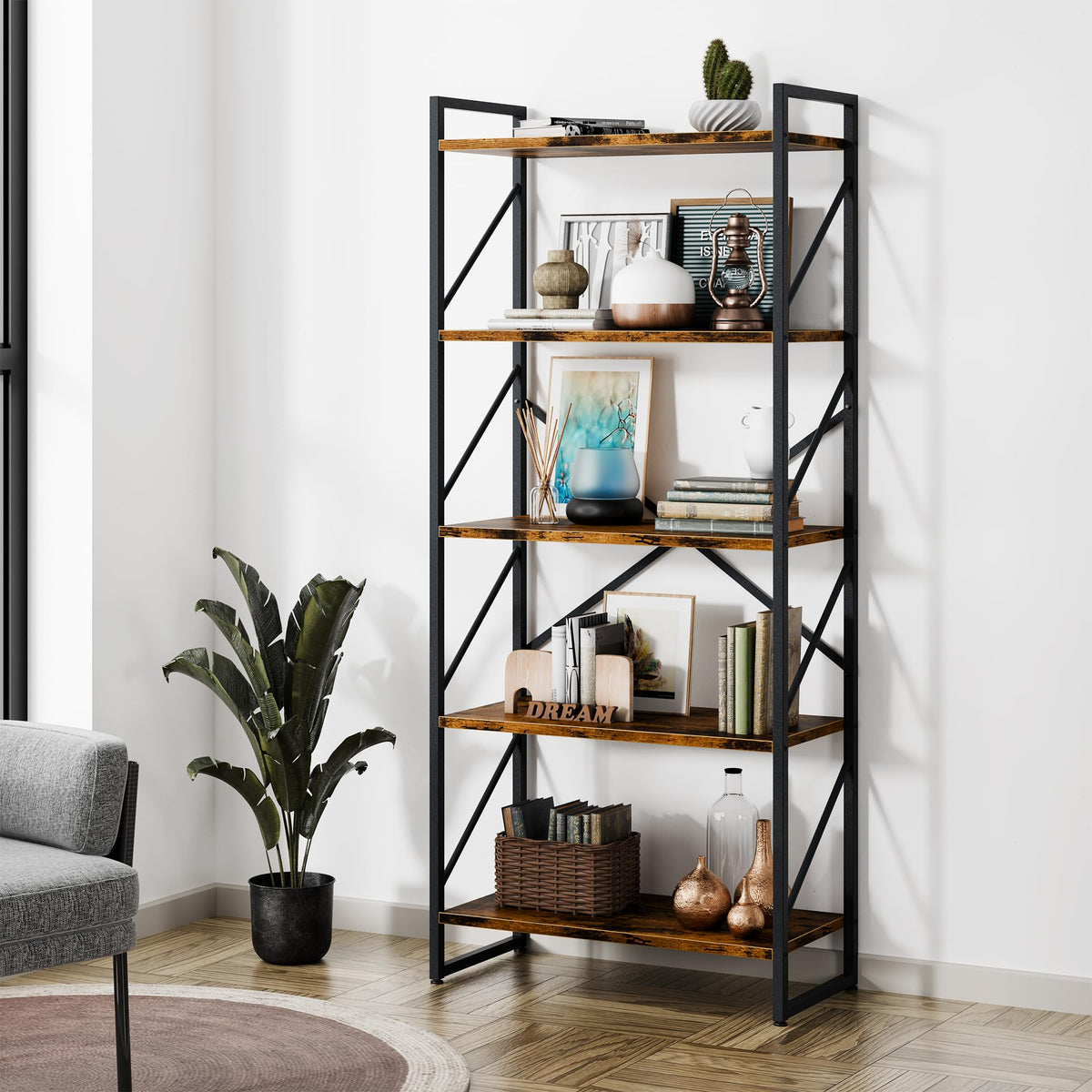 5 Tiers Rustic Brown Bookshelf U11944