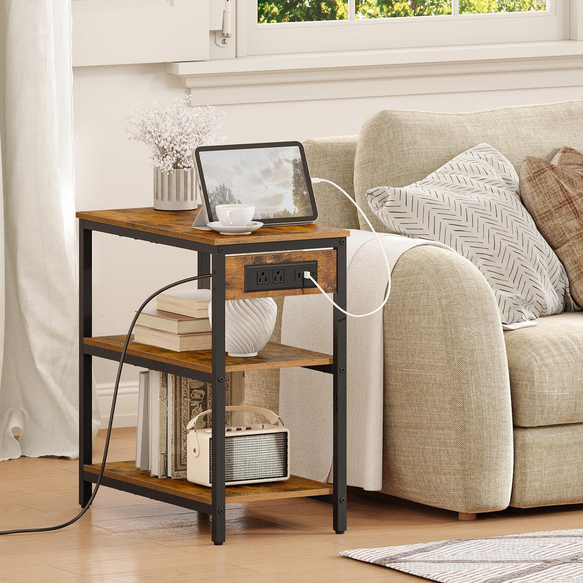 Charging Station End Table with 3 Tier Storage Shelf A592730