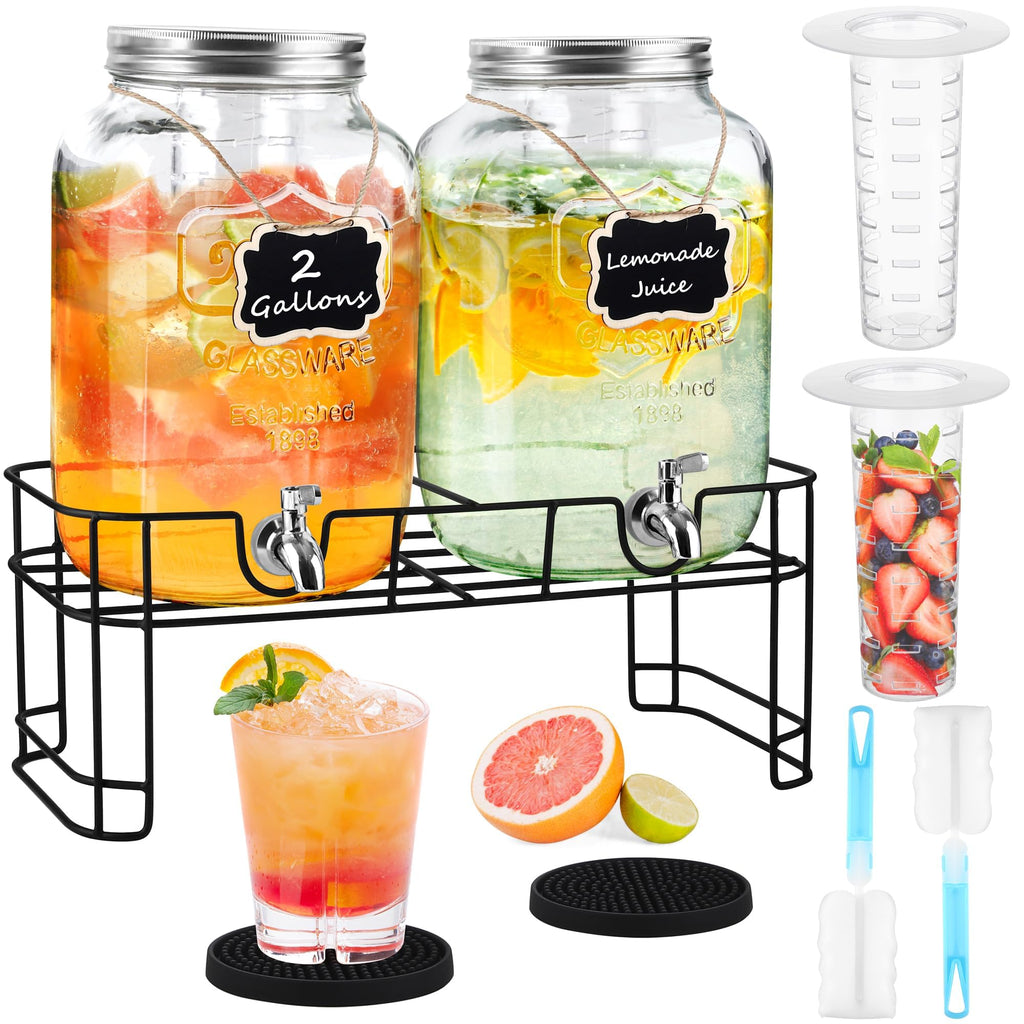 2 Pcs 2 Gallon Glass Beverage Dispenser with Stand Q837544