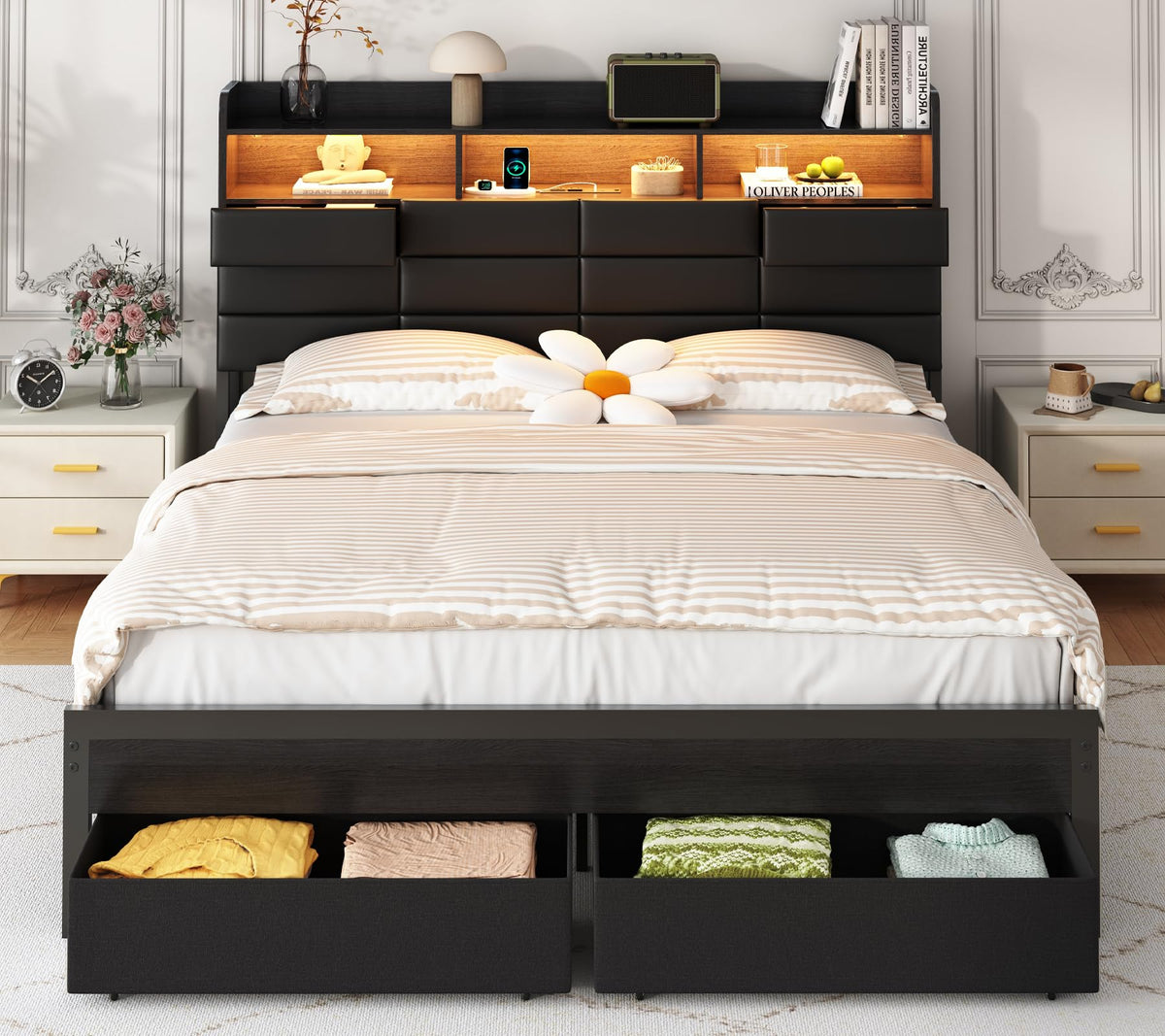 Black Upholstered Bed Frame with Storage Headboard, 4 Drawers, LED Lights, and Charging Station D792