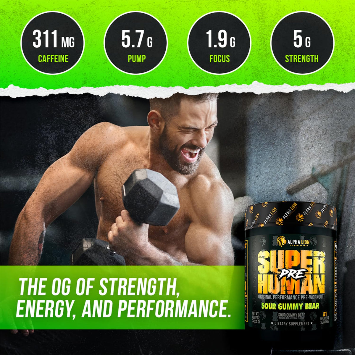 Pre Workout Powder with Beta Alanine, L-Taurine & Caffeine, 21 Servings Sour Gummy Bear O528619