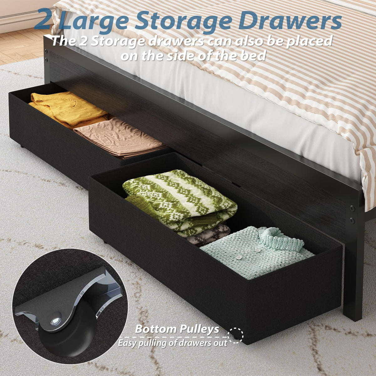 Black Upholstered Bed Frame with Storage Headboard, 4 Drawers, LED Lights, and Charging Station D792
