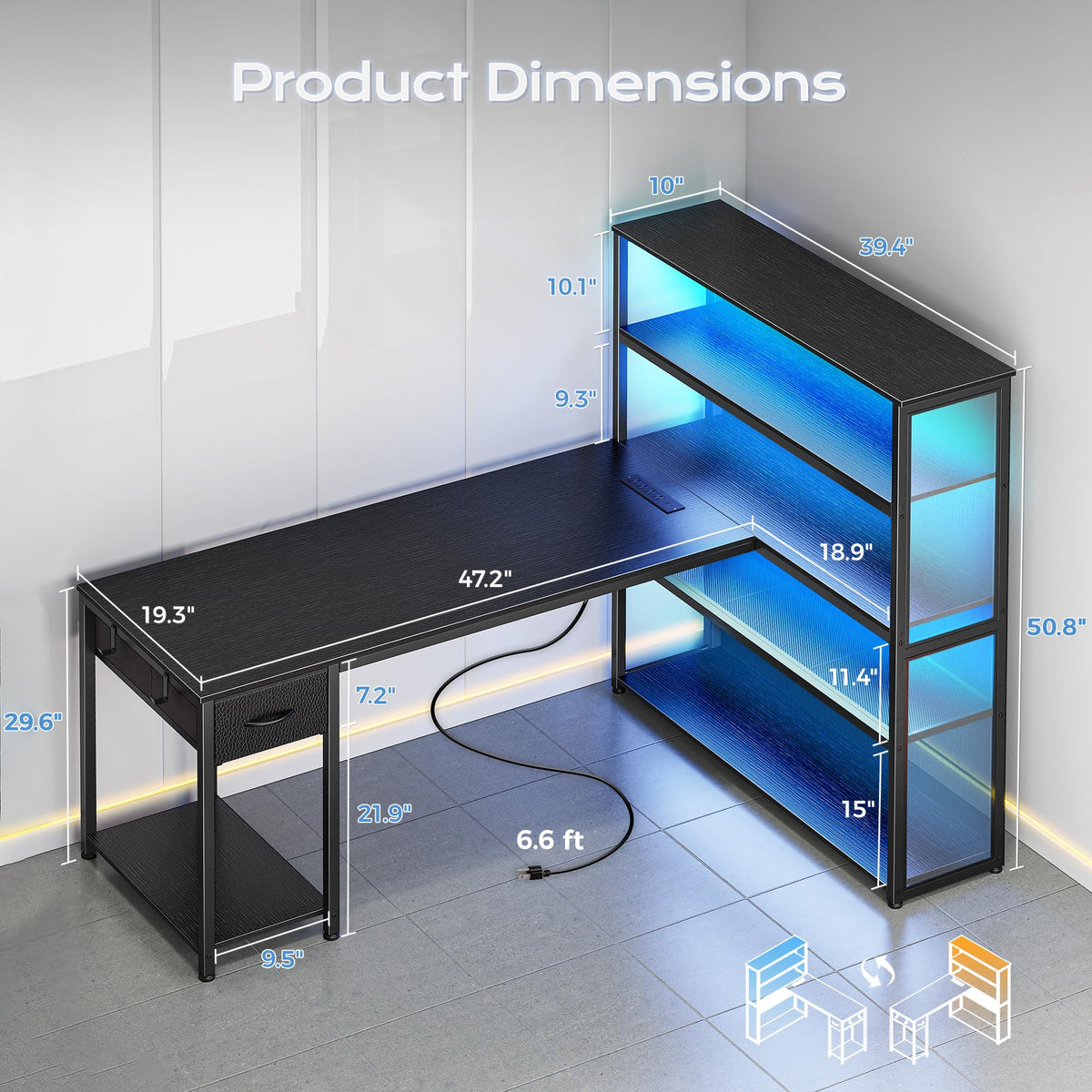 57 Inch L Shaped Gaming Computer Desk with Power Outlets A973062